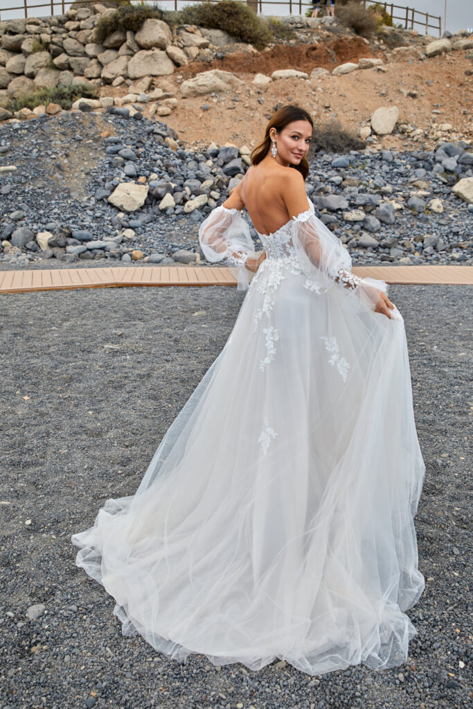 Komplette Ansicht von hinten des Hochzeitskleids Dreamy by Diane Legrand vom Herstelle Euro Mode
